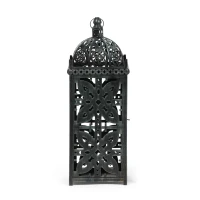 Large Indian Style Lantern with Green Patina and Black Finish, Hand-Crafted Iron, 8.25" L x 8.25" W x 23.25" H, Black(m-10)