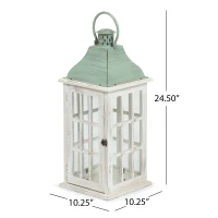 Handcrafted Mango Wood Decorative Lantern with Tempered Glass Panels, Coastal Finish, and Iron Handle, 10.25" L x 10.25" W x 24.5" H, White+Green(m-3)