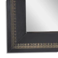 Boho Style Handcrafted Square Wall Mirror with Leather Frame and Gold Embossing, 23"x23", Black+Gold(m-5)