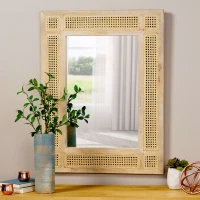 Modern Accent Rectangle Wall Mirror with Mango Wood Frame, Handcrafted Wicker Cane Border, 26.75" L x 1" W x 35.5" H, Natural(m-1)