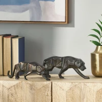 Handcrafted Aluminum Leopard Figurine Set, Sleek Geometric Design, Polished Black Finish, 2.5" L x 12" W x 5" H, Black(m-1)