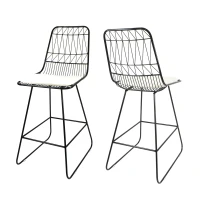 Modern Outdoor Wire Counter Stools Set of 2 with Cushions, Water-Resistant Fabric, Iron Frame, 18.25" L x 24.75" W x 42" H, Black+Ivory(m-2)