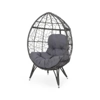 Outdoor Wicker Teardrop Chair with Water-Resistant Cushions, Faux Rattan Iron Frame, Handcrafted Detailing, 38.5" L x 30.75" W x 57.25" H, Gray(m-2)