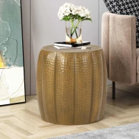 Metal Drum End Table with Lightweight and Durable Iron Construction, Mandala-Inspired Tabletop, No Assembly Required, 18.25" x 18.25" x 17.25", Gold(m-1)