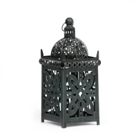 Handcrafted Iron Decorative Lantern with Black Patina Finish, Vintage Shabby Chic Design, 6.75" x 6.75" x 15.5", Black(m-2)