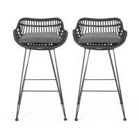 Outdoor Wicker Barstools Set of 2 with Cushions, Handcrafted Faux Rattan, Water-Resistant Fabric, Iron Frame, 22" L x 23.25" W x 38" H, Gray(m-2)