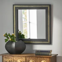 Boho Style Handcrafted Square Wall Mirror with Leather Frame and Gold Embossing, 23"x23", Black+Gold(m-1)
