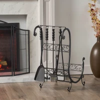 Fireplace Log Rack and Tool Set, Iron Construction with Shovel, Brush, Tongs, and Log Holder, 22" L x 16" W x 31" H, Matte Black(m-4)