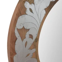 Handcrafted Mango Wood Round Mirror with Aluminum Fitted Floral Design, 22.5" L x 1" W x 22.5" H, Natural(m-6)
