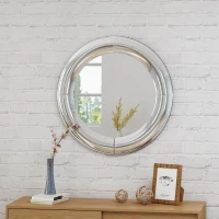 Glam Circular Wall Mirror with Faux Wood Frame, Tempered Glass, Curved Round Mirror, No Assembly Required, 31.5" L x 31.5" W x 1.38" H, Clear(m-1)