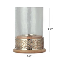 Boho Handcrafted Mango Wood Hurricane Candle Holder with Tempered Glass Cover and Metal Accents, 6.75" x 6.75" x 9.5", Natural(m-3)