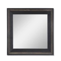Boho Style Handcrafted Square Wall Mirror with Leather Frame and Gold Embossing, 23"x23", Black+Gold(m-2)