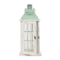 Handcrafted Mango Wood Decorative Lantern with Tempered Glass Panels, Coastal Finish, and Iron Handle, 10.25" L x 10.25" W x 24.5" H, White+Green(m-11)