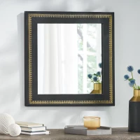 Boho Style Handcrafted Square Wall Mirror with Leather Frame and Gold Embossing, 23"x23", Black+Gold(m-4)