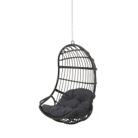 Outdoor/Indoor Wicker Swing Hanging Chair with 8ft Chain, Water-Resistant Cushions, Faux Rattan, 300 lbs Capacity, 30" L x 31.5" W x 44.5" H, Gray(m-2)