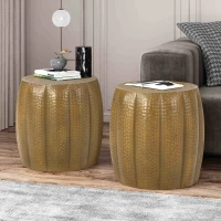 Gold Hammered End Tables Set of 2 with Mandala-Inspired Tabletop, Iron Pumpkin Side Tables, No Assembly Required, 18.25" x 18.25" x 17.25", Gold(m-5)