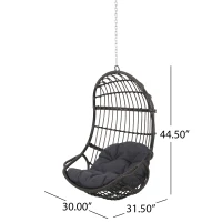 Outdoor/Indoor Wicker Swing Hanging Chair with 8ft Chain, Water-Resistant Cushions, Faux Rattan, 300 lbs Capacity, 30" L x 31.5" W x 44.5" H, Gray(m-3)