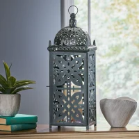 Large Indian Style Lantern with Green Patina and Black Finish, Hand-Crafted Iron, 8.25" L x 8.25" W x 23.25" H, Black(m-4)