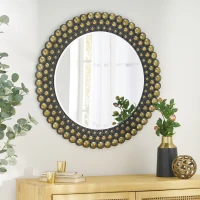 Contemporary Studded Round Wall Mirror, Tempered Glass with Iron Frame, Hand-Crafted, No Assembly Required, 35.5" x 35.5", Black(m-1)