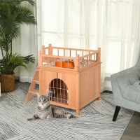 PawHut 2-Story Pet House for Cats Miniature Sized Dogs, Wooden Kitten Shelter with Enclosure, Balcony, Lockable Gate, Stairs, Natural(m-8)