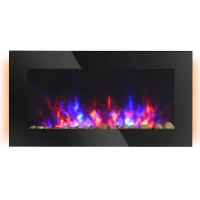 HOMCOM 36" Wall-Mounted Electric Fireplace, 750/1500W Fireplace Heater with Flame Effect, 7 Color Background Light and Side Light, Black(m-14)