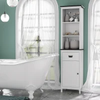 kleankin Tall Bathroom Storage Cabinet, Floor Standing Linen Cabinet with Drawer and Adjustable Shelf for Living Room, White(m-7)