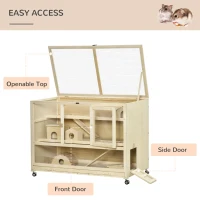 PawHut Wooden Hamster Cage, 3 Tier Rat Cage with Openable Roof, Run, Ladders, Run, Ladders, Wheels, Tray, Natural Wood(m-7)