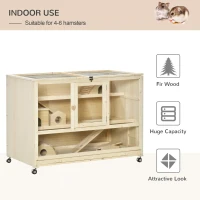 PawHut Wooden Hamster Cage, 3 Tier Rat Cage with Openable Roof, Run, Ladders, Run, Ladders, Wheels, Tray, Natural Wood(m-4)