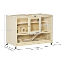 PawHut Wooden Hamster Cage, 3 Tier Rat Cage with Openable Roof, Run, Ladders, Run, Ladders, Wheels, Tray, Natural Wood(m-3)