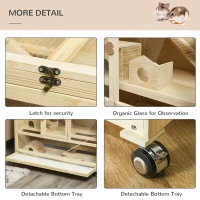 PawHut Wooden Hamster Cage, 3 Tier Rat Cage with Openable Roof, Run, Ladders, Run, Ladders, Wheels, Tray, Natural Wood(m-6)