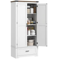 HOMCOM 69" Tall Farmhouse Kitchen Pantry Cabinet with 2 Doors, Drawer and Adjustable Shelves, White(m-12)