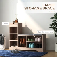 HOMCOM Upholstered Shoe Storage Bench w/ Seat, Entrance Bench w/ Drawer and 6 Open Shelves for Hallway, Grey(m-4)