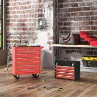 DURHAND Lockable Tool Chest and Tool Box Set of 2, 7 Drawer Tool Cabinet with Wheels, 4 Drawer Portable Tool Chest with Handle for Garage, Factory, Workshop, Red(m-1)