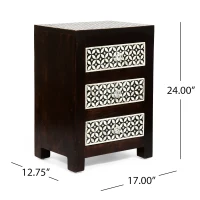Handcrafted Boho Design with Mango Wood Frame and Buffalo Bone Inlay, Wooden 3-Drawer Nightstand, 17"W x 12"D x 24"H, Black + Dark Walnut(m-3)