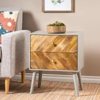 Handmade 2-Drawer Cabinet with MDF Frame and Splayed Legs, Mid-Century Modern Mango Wood Nightstand, 20" W x 13" D x 24" H, Natural(m-4)