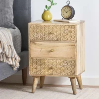 Handcrafted 3-Drawer Bedside Table with Carved Geometric Texture, Boho Mango Wood Nightstand, 18" W x 14" D x 26" H, Natural(m-5)
