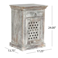 Wooden Nightstand with Drawer and Door, Handcrafted Boho Design, Durable Mango Wood Frame, 17.50"W x 14.00"D x 24.00"H, White(m-3)
