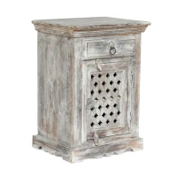 Wooden Nightstand with Drawer and Door, Handcrafted Boho Design, Durable Mango Wood Frame, 17.50"W x 14.00"D x 24.00"H, White(m-2)