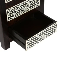 Handcrafted Boho Design with Mango Wood Frame and Buffalo Bone Inlay, Wooden 3-Drawer Nightstand, 17"W x 12"D x 24"H, Black + Dark Walnut(m-5)