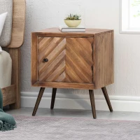 Mid-Century Modern Mango Wood Cabinet with Chevron Design, Wooden & Iron Nightstand, Handmade with Storage Space, 17.5" W x 15.0" D x 21.5" H, Dark Brown(m-1)