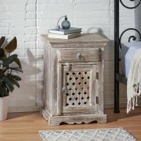 Wooden Nightstand with Drawer and Door, Handcrafted Boho Design, Durable Mango Wood Frame, 17.50"W x 14.00"D x 24.00"H, White(m-1)