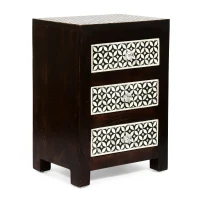 Handcrafted Boho Design with Mango Wood Frame and Buffalo Bone Inlay, Wooden 3-Drawer Nightstand, 17"W x 12"D x 24"H, Black + Dark Walnut(m-2)