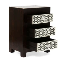 Handcrafted Boho Design with Mango Wood Frame and Buffalo Bone Inlay, Wooden 3-Drawer Nightstand, 17"W x 12"D x 24"H, Black + Dark Walnut(m-9)