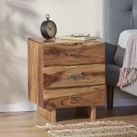 Boho Acacia Wood Nightstand, Handcrafted Design with Carved Accents, Drawer Shelf Storage, 18" W x 16" D x 22" H, Natural(m-1)
