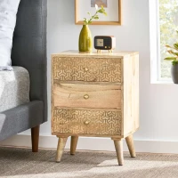 Handcrafted 3-Drawer Bedside Table with Carved Geometric Texture, Boho Mango Wood Nightstand, 18" W x 14" D x 26" H, Natural(m-4)