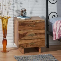 Boho Acacia Wood Nightstand, Handcrafted Design with Carved Accents, Drawer Shelf Storage, 18" W x 16" D x 22" H, Natural(m-4)