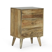 Handcrafted 3-Drawer Bedside Table with Carved Geometric Texture, Boho Mango Wood Nightstand, 18" W x 14" D x 26" H, Natural