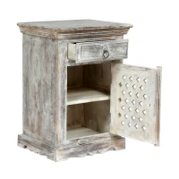 Wooden Nightstand with Drawer and Door, Handcrafted Boho Design, Durable Mango Wood Frame, 17.50"W x 14.00"D x 24.00"H, White(m-10)