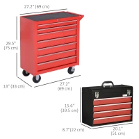 DURHAND Lockable Tool Chest and Tool Box Set of 2, 7 Drawer Tool Cabinet with Wheels, 4 Drawer Portable Tool Chest with Handle for Garage, Factory, Workshop, Red(m-3)