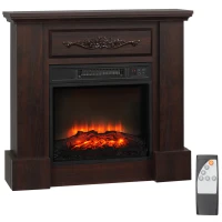 HOMCOM 32" Electric Fireplace with Mantel, Freestanding Heater with LED Log Flame, Overheat Protection and Remote Control, 1400W, Brown(m-1)